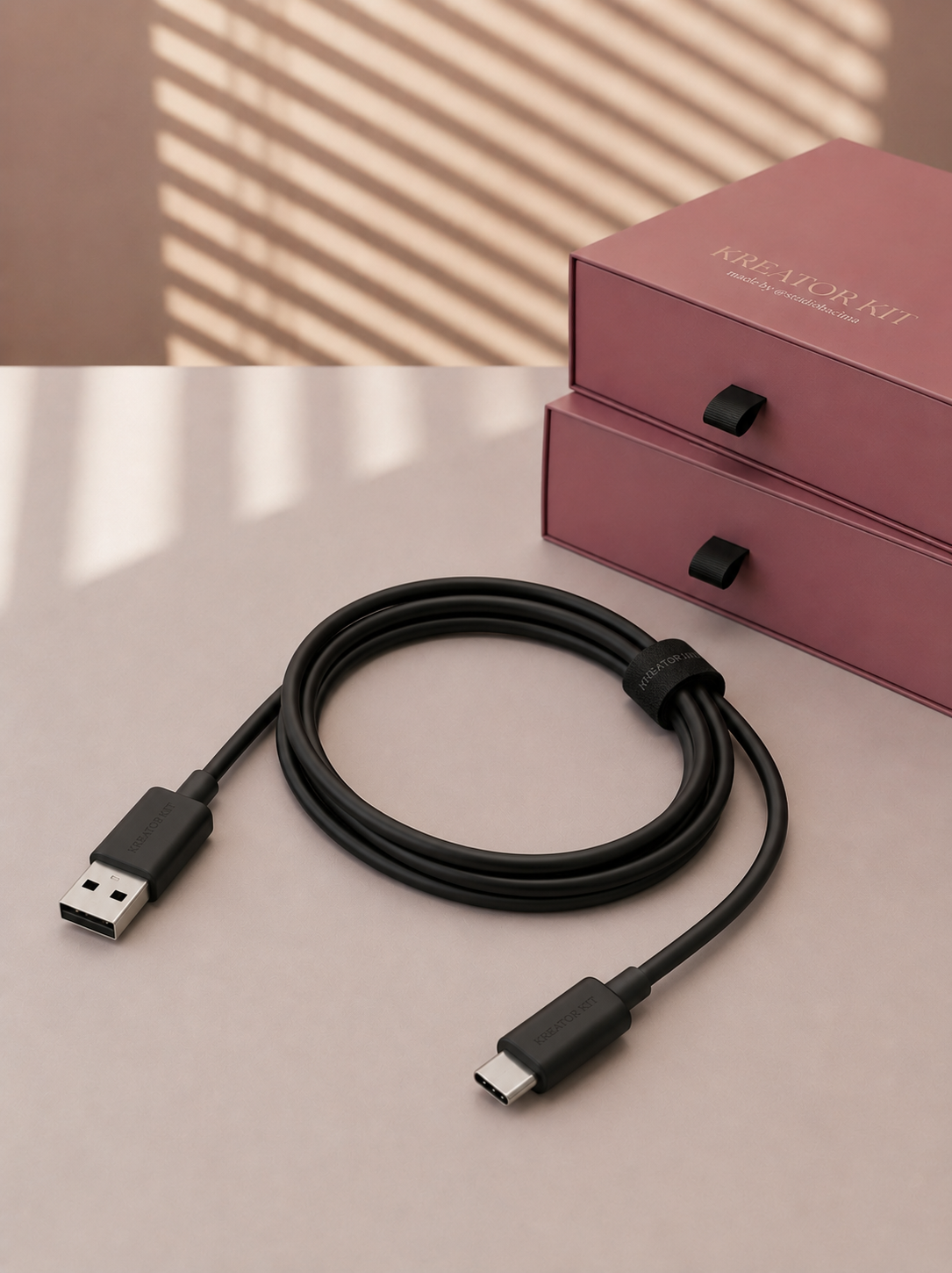 USB-A na USB-C kabl sa Kreator Kit trakom pored roze kutija.