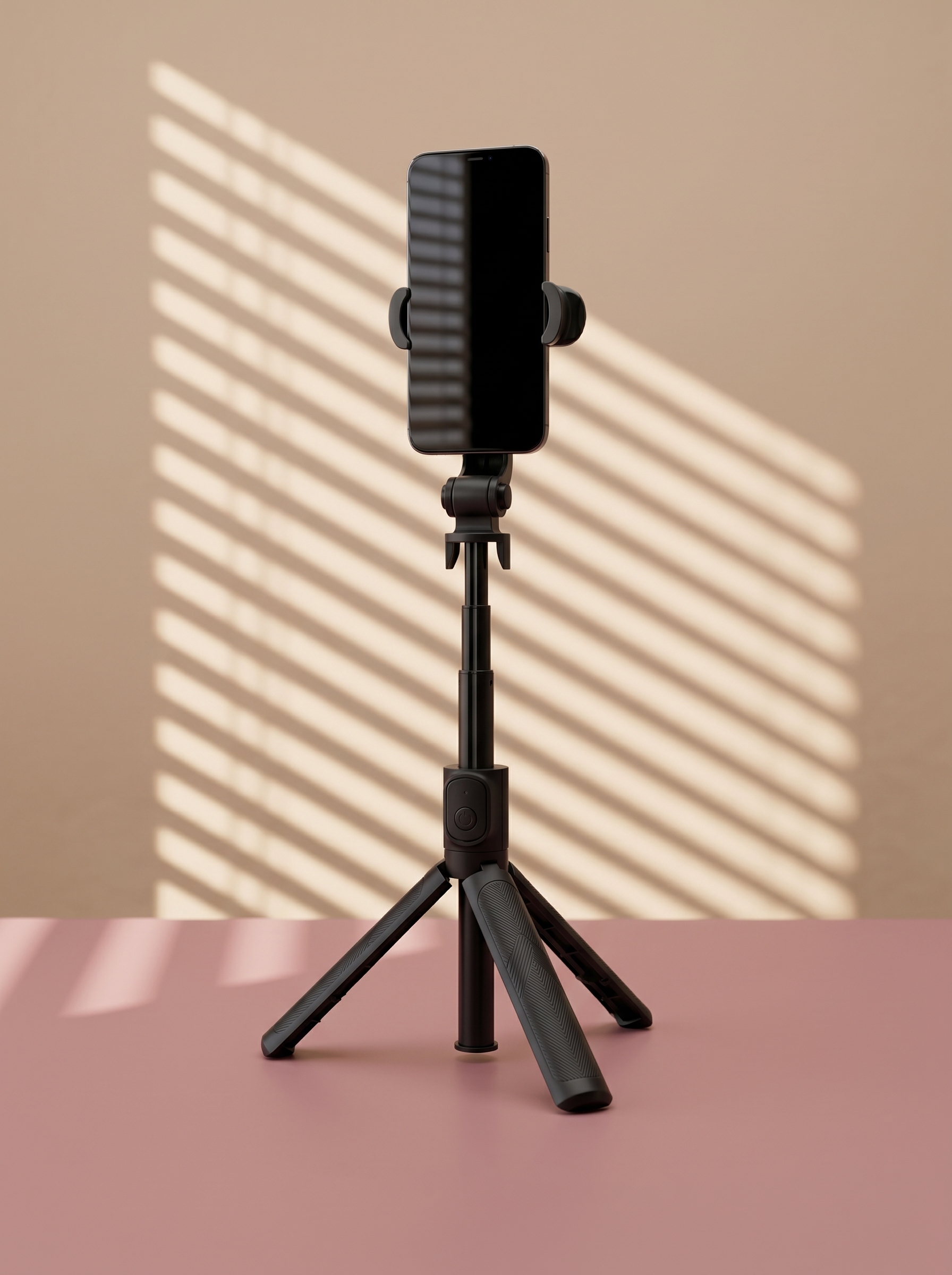 Tripod za telefon izvučen do pune visine sa montiranim telefonom.